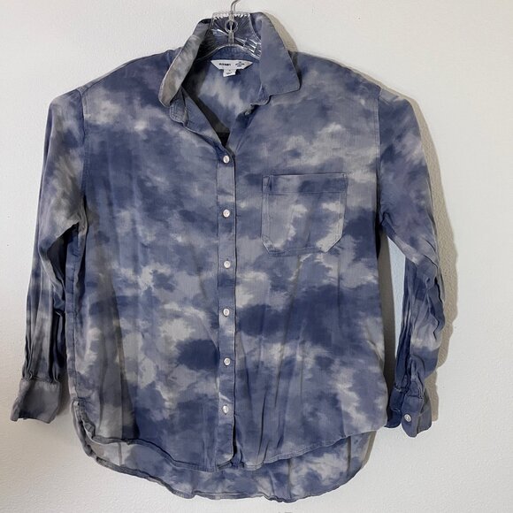Tie-Dye Cloud Effect The Boyfriend Button Up Shirt Women M Blue & Gray Old Navy - Picture 1 of 8